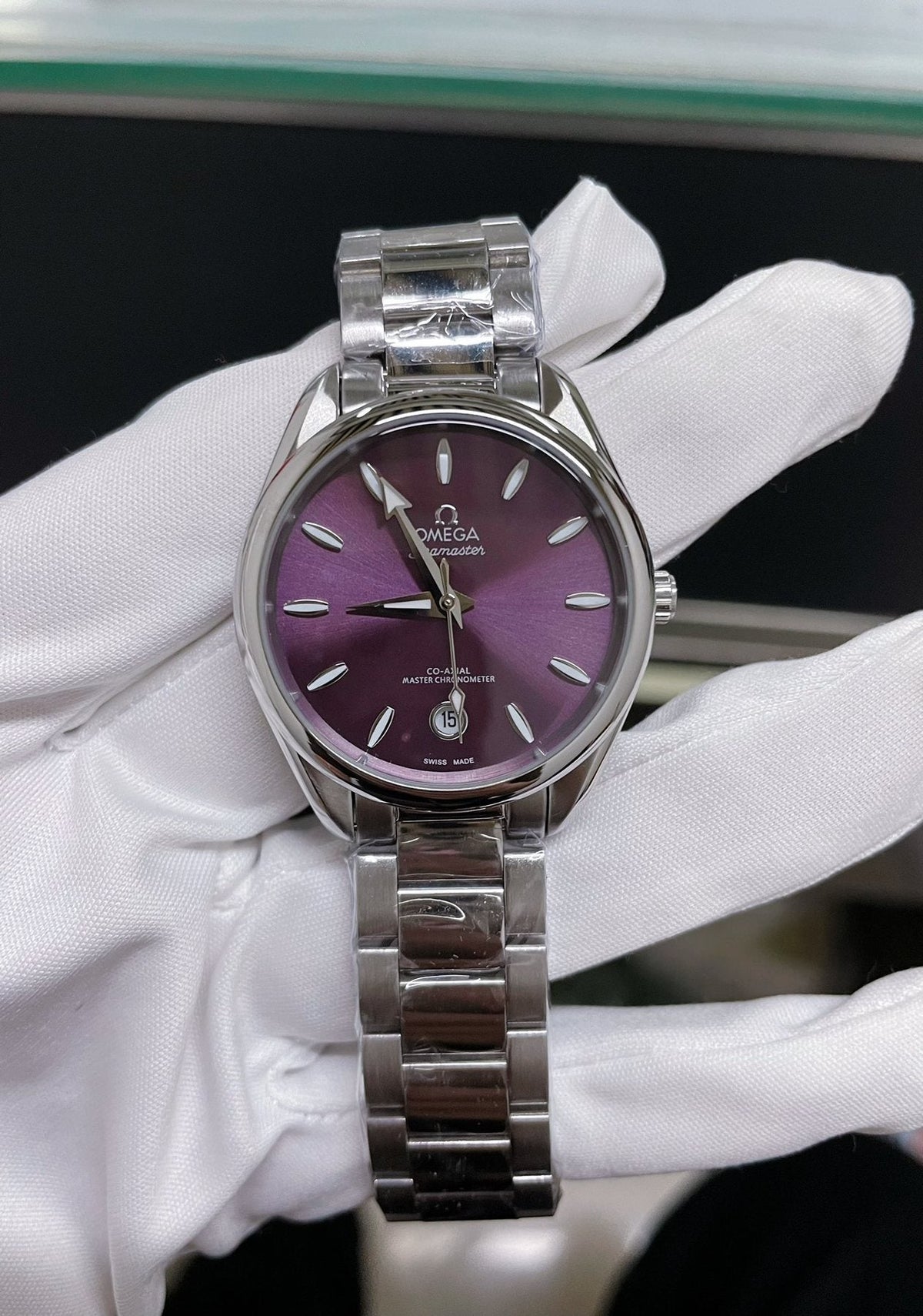 OMEGA Purple Dial Link Bracelet Watch — front